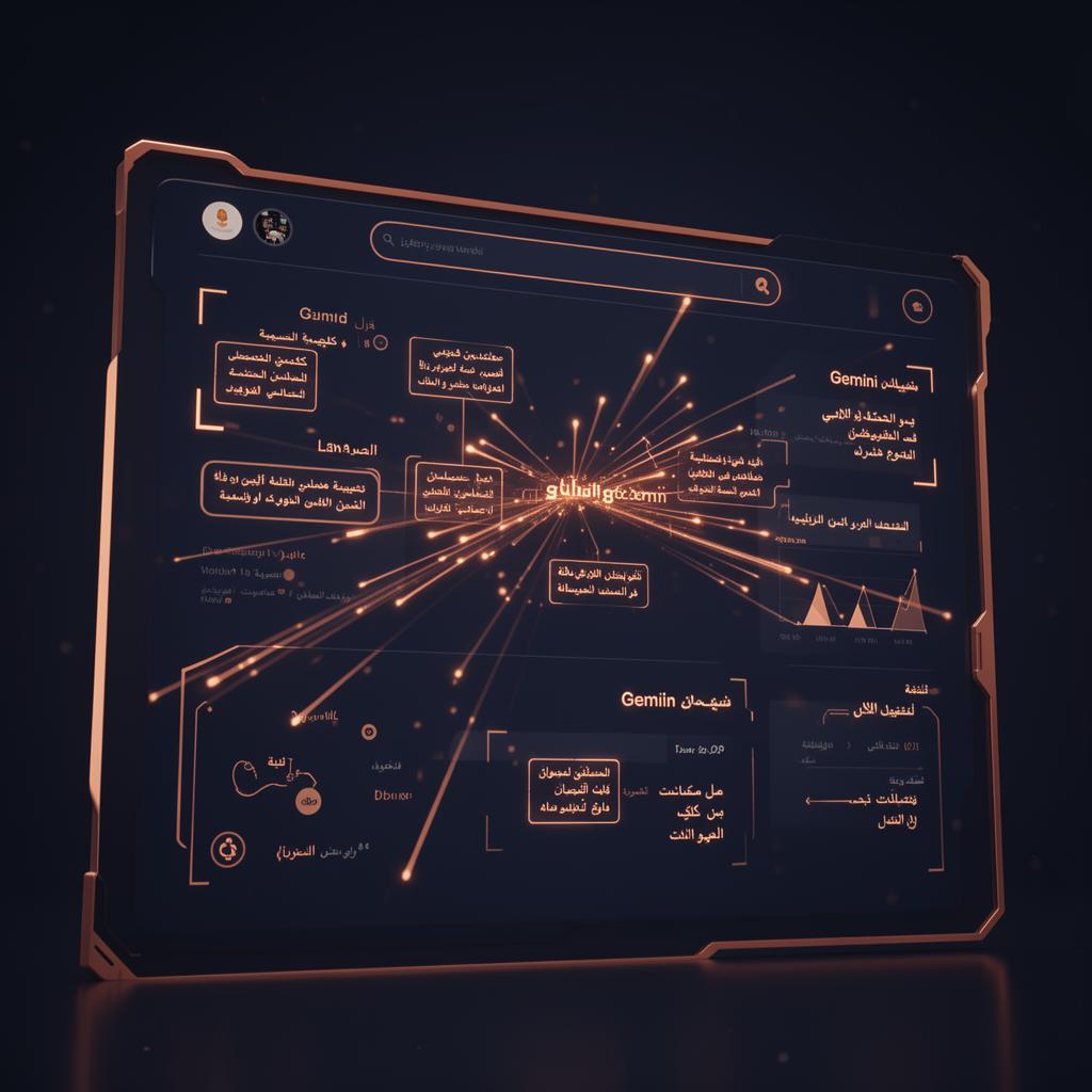 Futuristic AI search dashboard with Arabic snippets and copper data rays