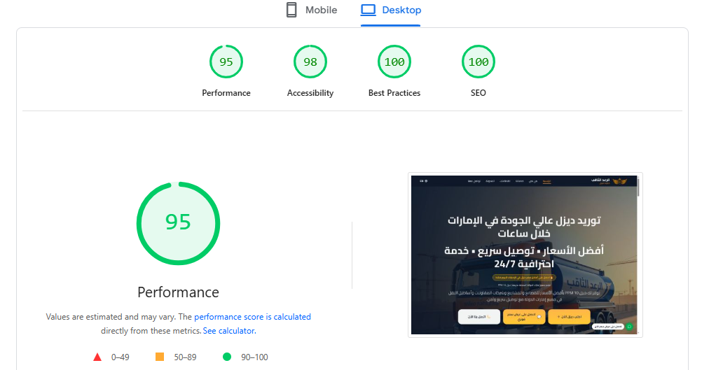 Google Lighthouse desktop scores: 95 Performance, 98 Accessibility, 100 Best Practices, 100 SEO for alraad-althaqeb.com