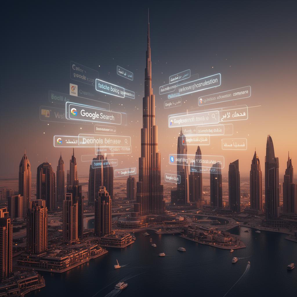 Holographic Google search overlay above Dubai skyline at golden hour