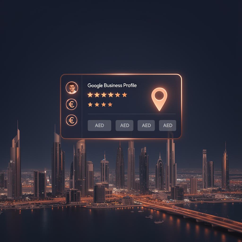 Floating Google Business Profile dashboard above the Abu Dhabi skyline