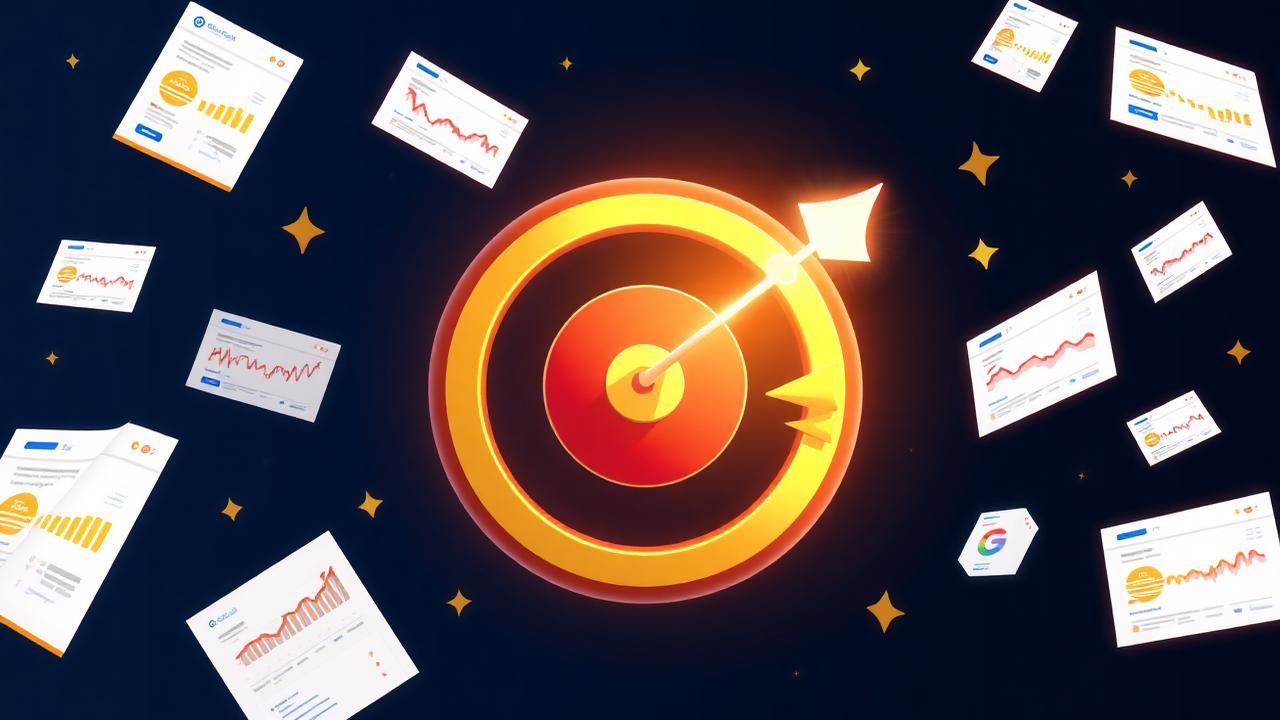 Glowing target with arrow surrounded by floating ad cards