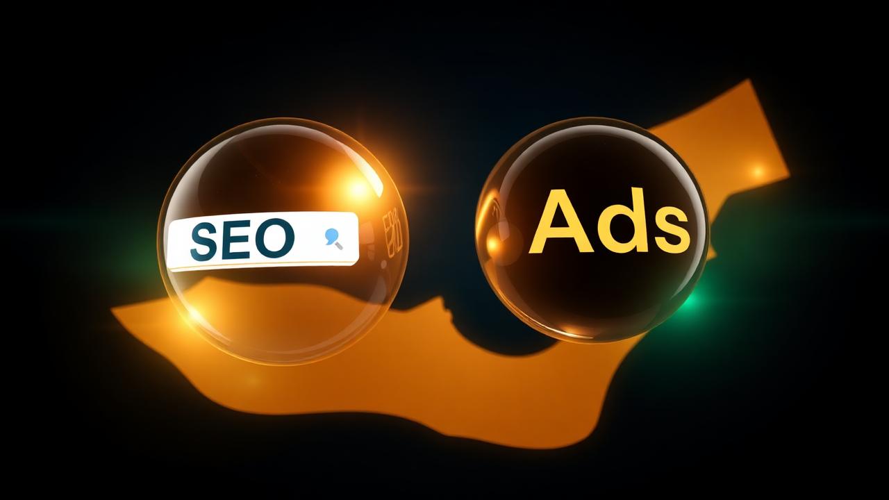 3D glowing SEO and Ads orbs merging over stylized UAE map outline