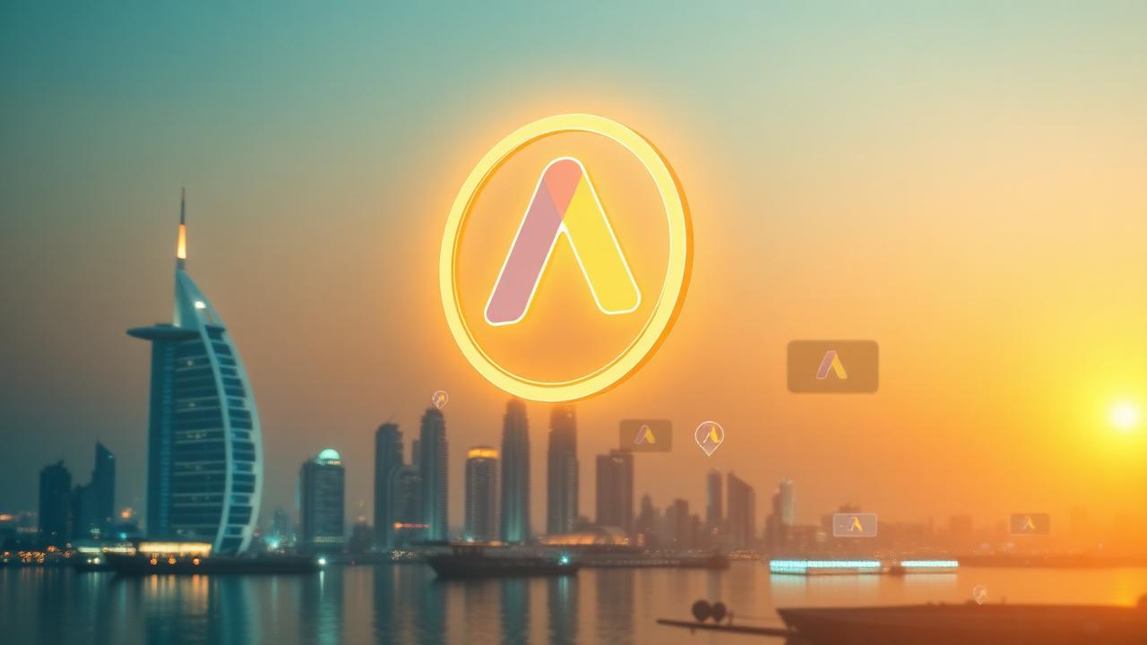 3D abstract glowing Google Ads target above stylized Dubai skyline at twilight