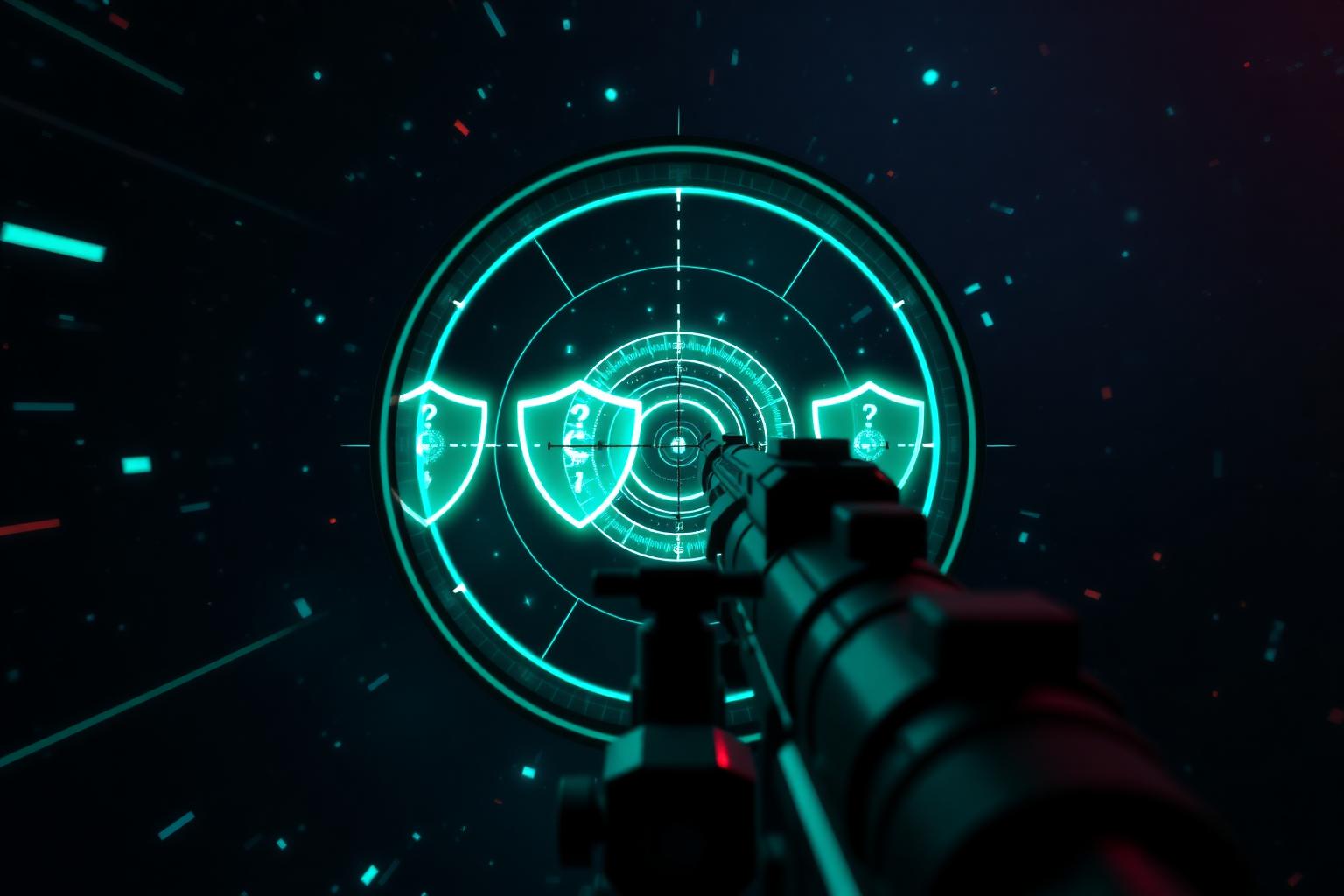 Cinematic 3D radar scope locking onto holographic competitor data shields in deep space