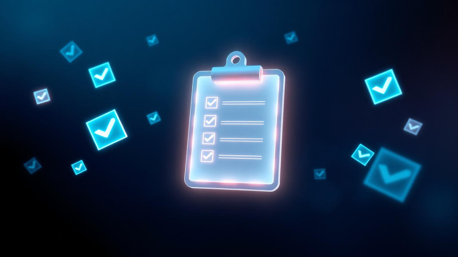 Cinematic glowing holographic clipboard with abstract checkmarks floating in deep space