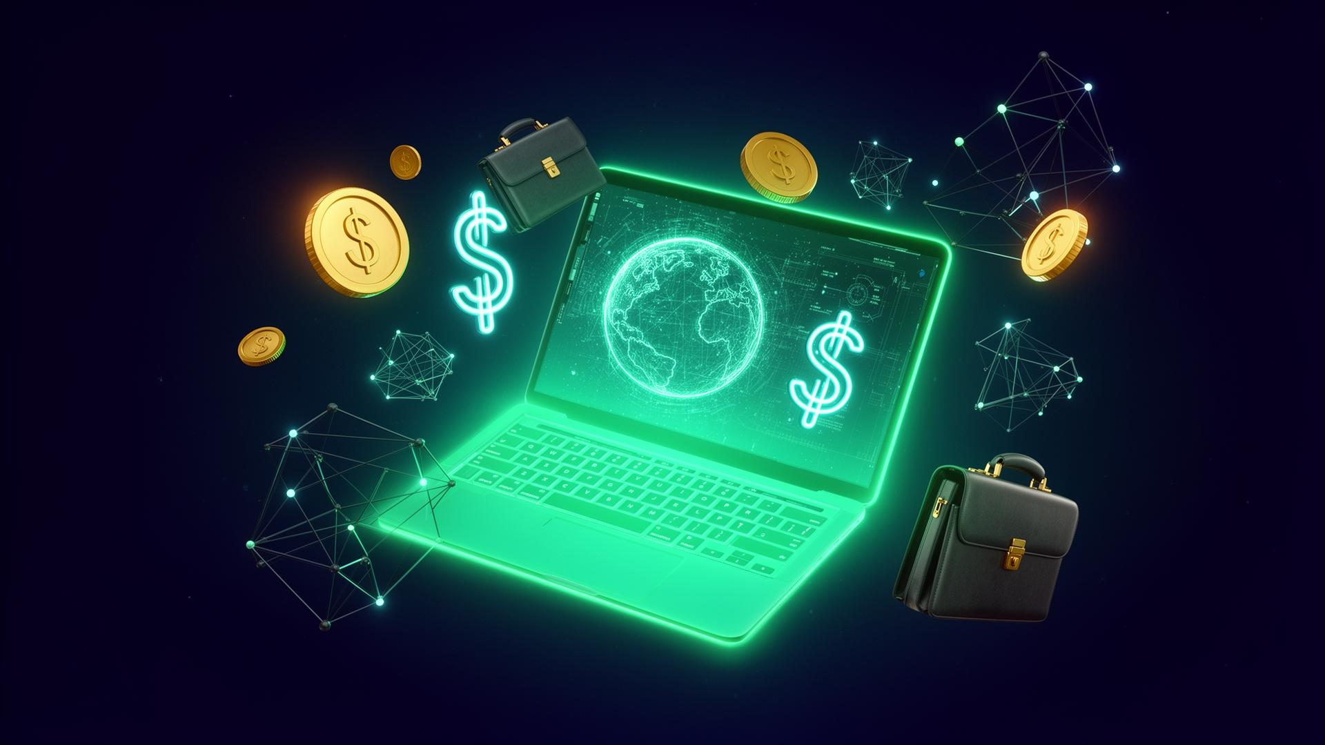 Cinematic glowing holographic laptop with floating coins and abstract globe representing online freelance income