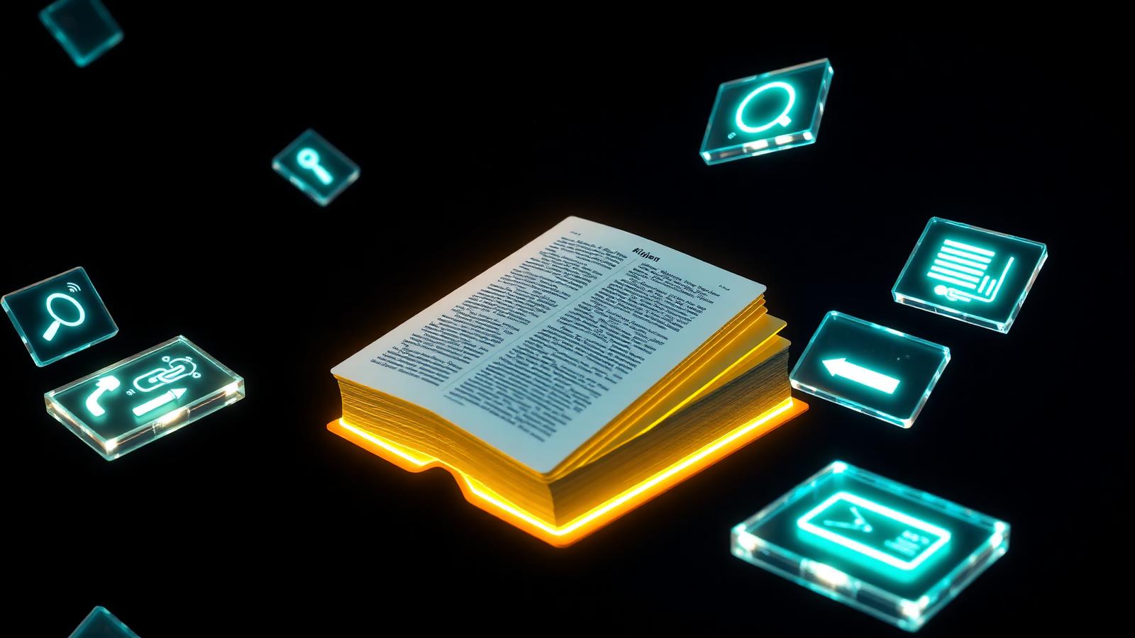 Cinematic glowing dictionary book floating in space surrounded by abstract SEO icons