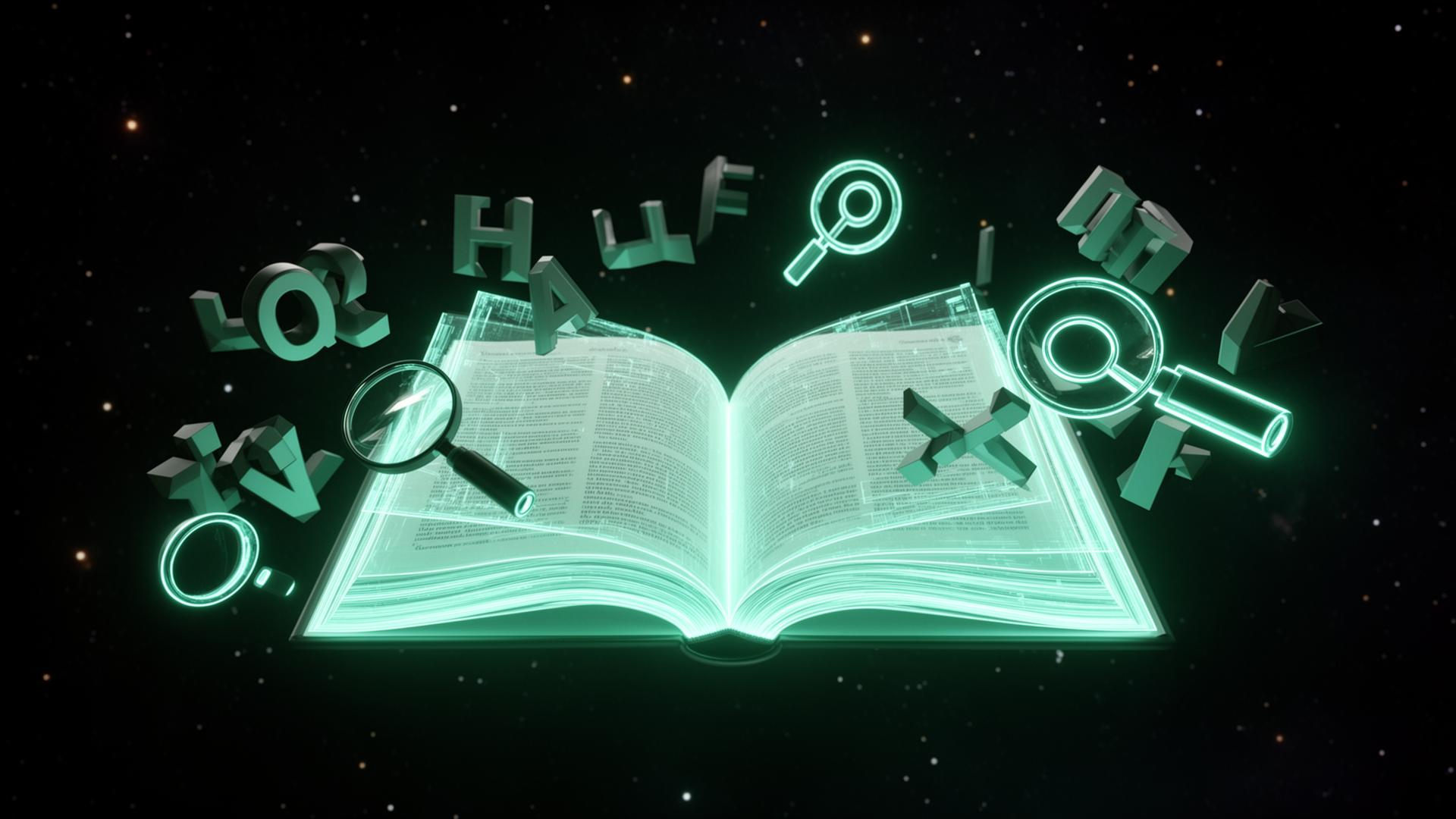 Cinematic glowing holographic open reference book in deep space surrounded by abstract floating letters and search icons