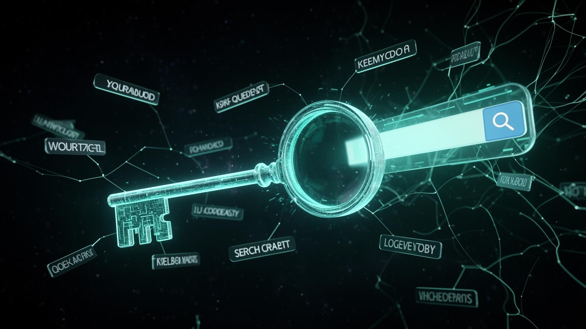 Cinematic 3D holographic key transforming into a search bar surrounded by floating keyword tags
