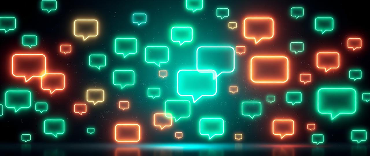 Glowing speech bubbles representing prompts