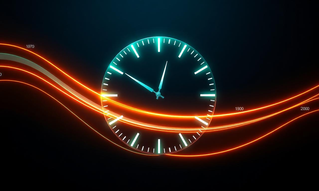 Cinematic glowing clock merged with an SEO timeline of metric cards