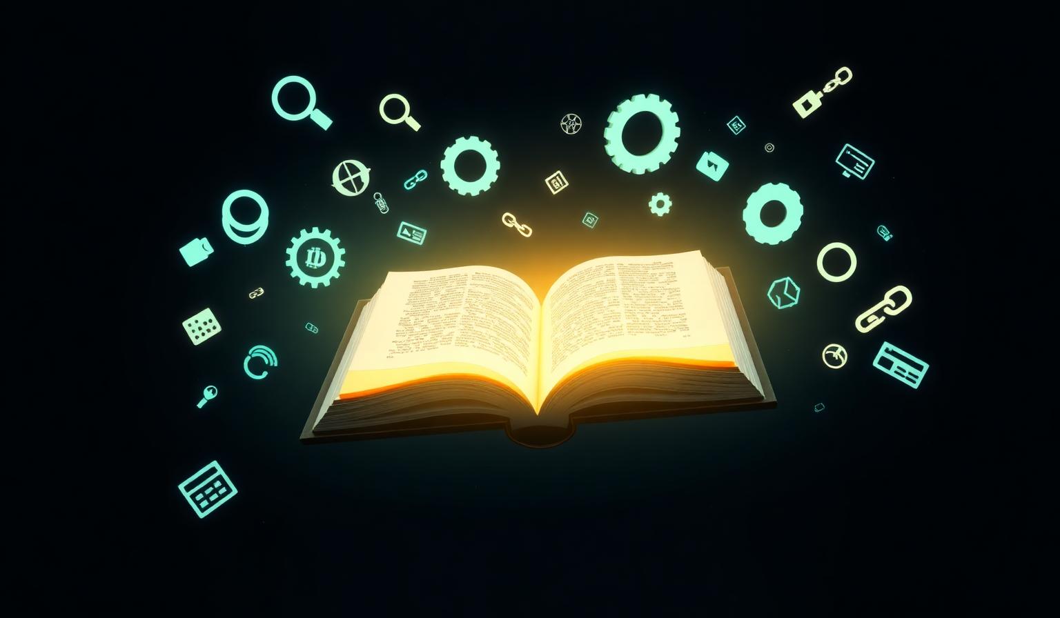 Cinematic glowing book floating in space surrounded by abstract SEO icons
