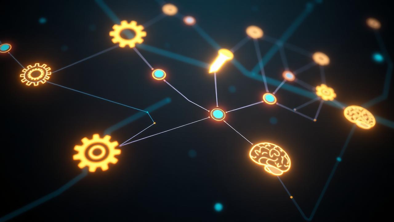 Cinematic neural network linking abstract AI tool icons in deep space