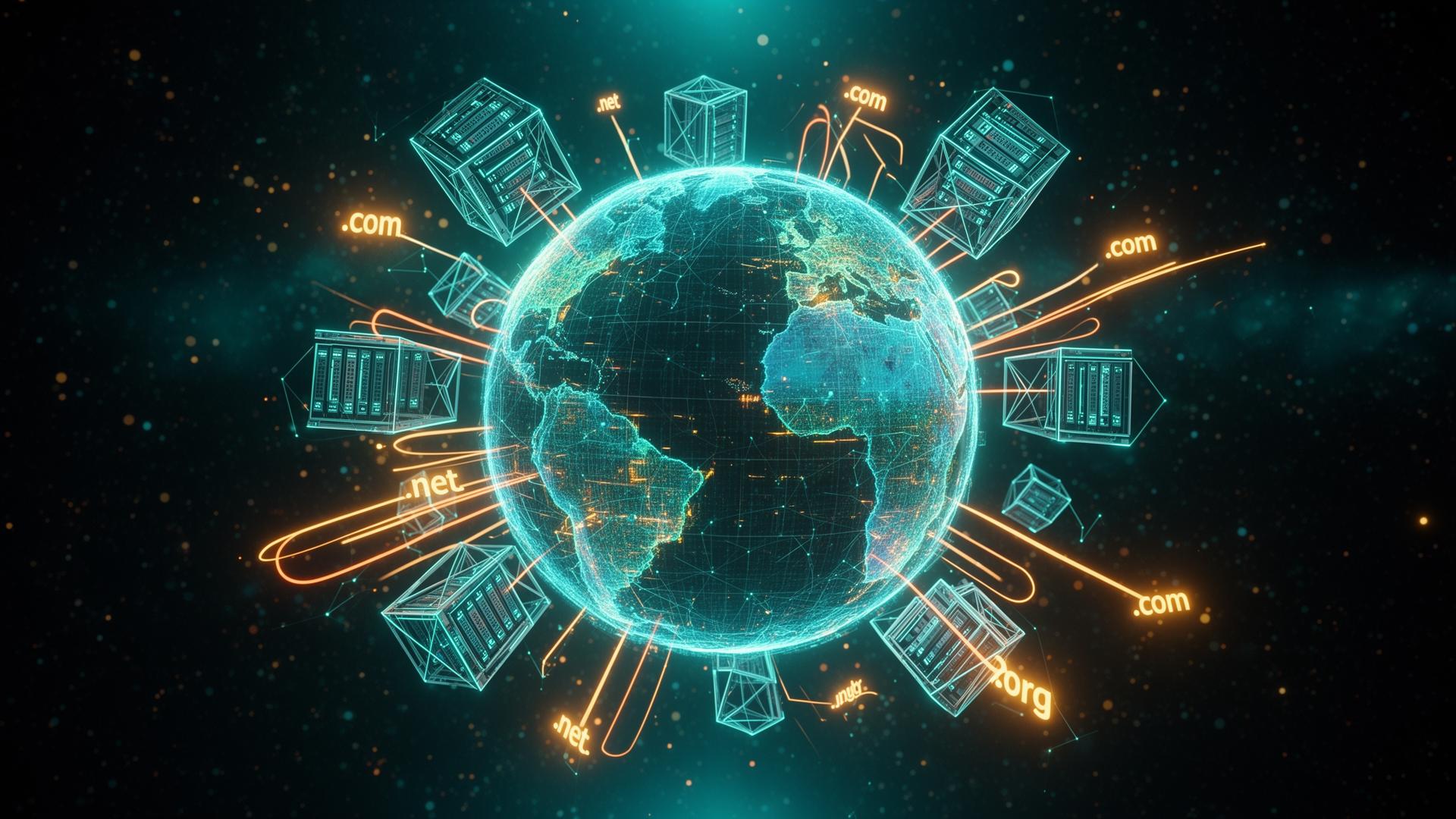 Cinematic 3D holographic globe surrounded by abstract servers and domain extensions in deep space