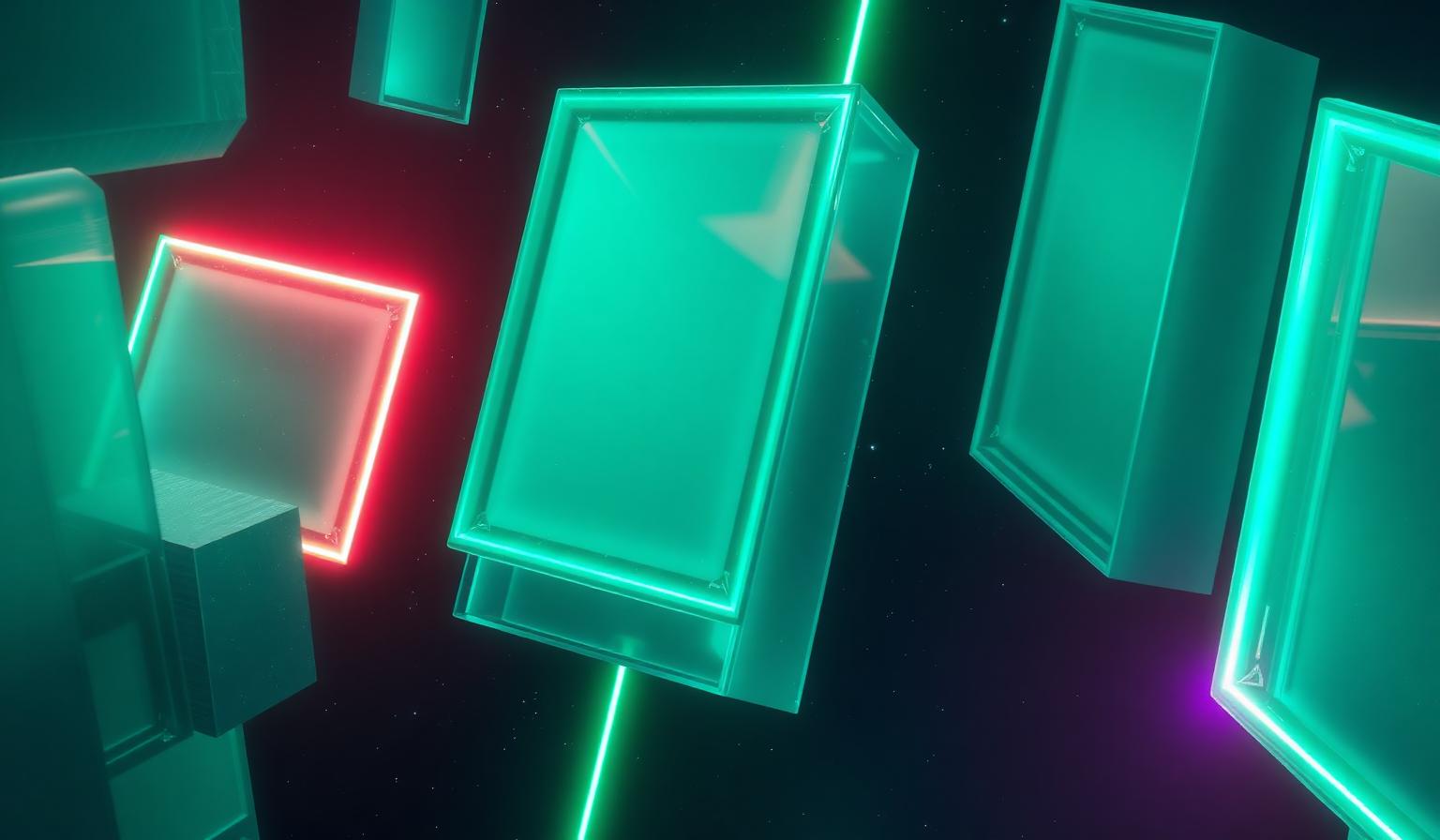 Cinematic glowing geometric blocks assembling into an article in deep space