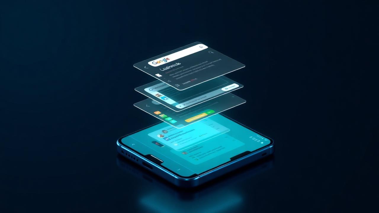 Smartphone with stacked search result screens floating above