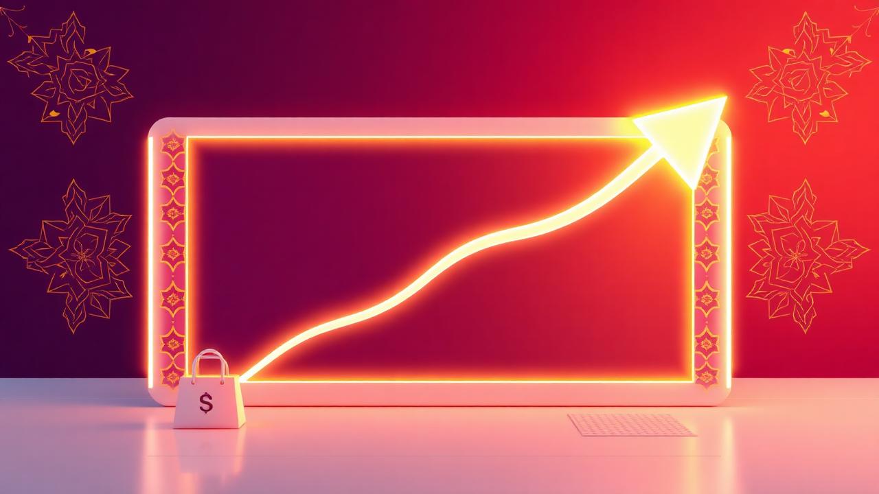 3D glowing rising ROAS curve over abstract dashboard with ornamental geometry