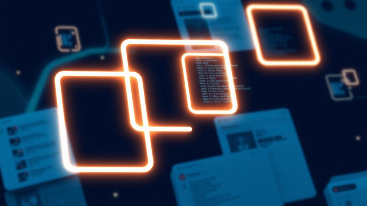 Glowing JSON brackets and schema cards floating in space
