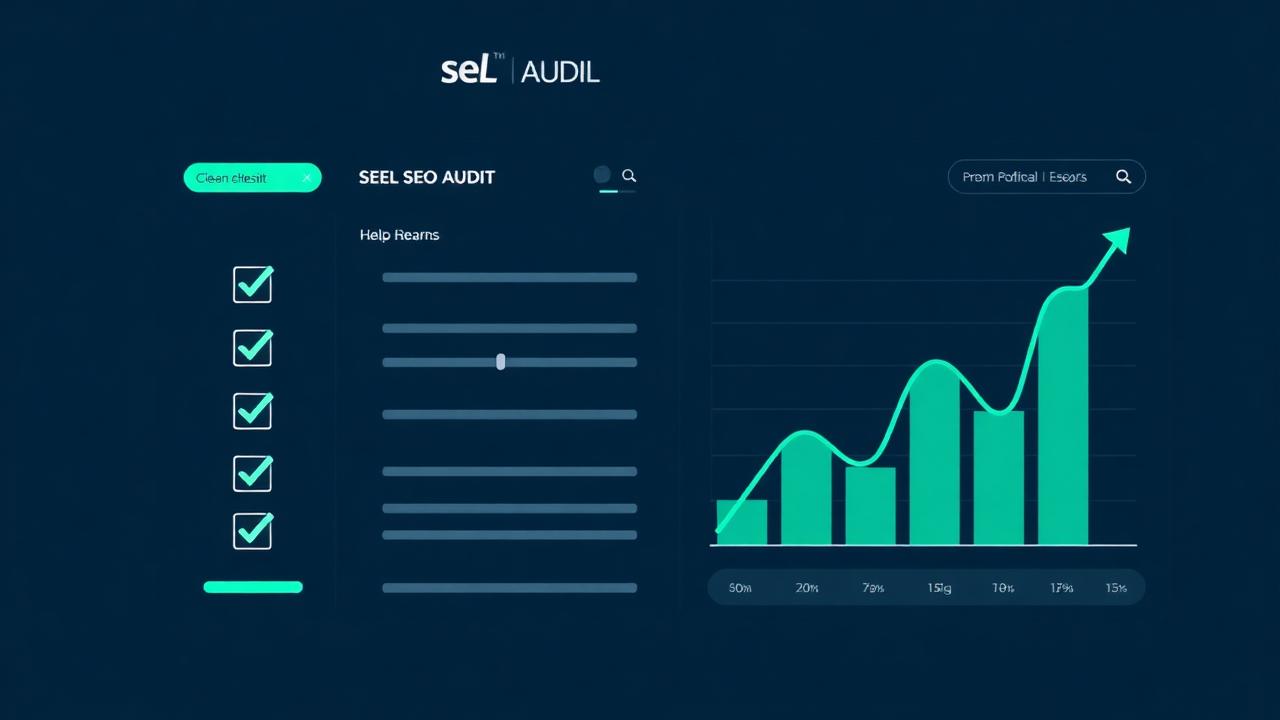 SEO audit dashboard with checkmarks and rising graph
