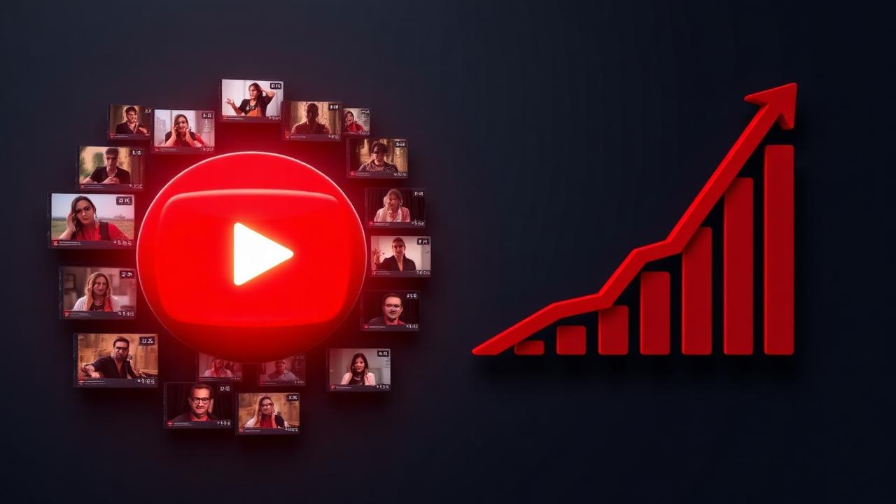 Glowing play button surrounded by video thumbnails and rising graph